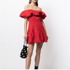 Self-Portrait Red One Shoulder Cotton Poplin Mini Dress Size 6